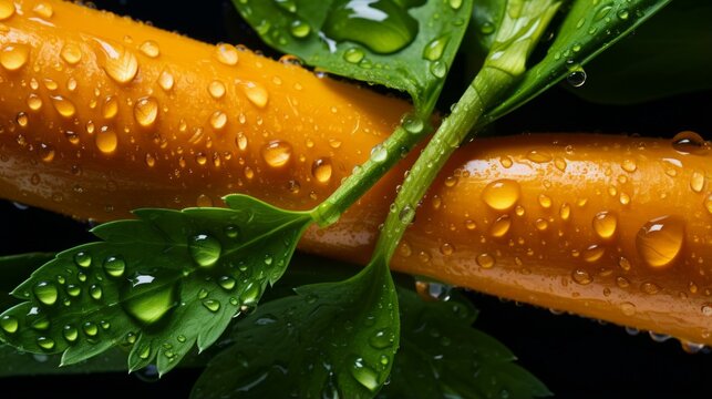 b'Close-up image of orange carrots with green leaves covered in water droplets'
