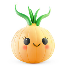 Adorable shy onion character with big eyes and green sprouts on white background