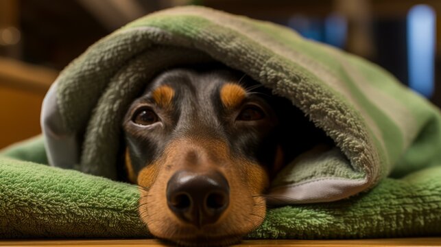 b'A dachshund dog is lying on the floor under a blanket'