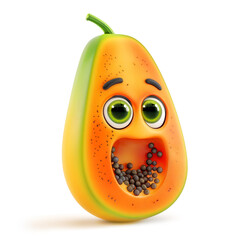 Surprised papaya character with seeds isolated on white background