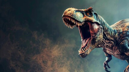 Ferocious Tyrannosaurus Rex Dinosaur with Dramatic Copy Space Backdrop