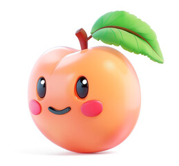 Peach character with a cheerful face and a lush green leaf on white background - 794116098