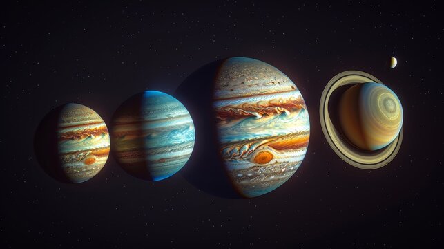 Planet: A photo montage of the gas giants in our solar system, Jupiter, Saturn, Uranus, and Neptune