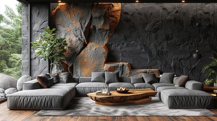 Nomadic interior design of modern living room, home. Live edge coffee table near grey rustic sofa against black Venetian stucco wall. - Powered by Adobe