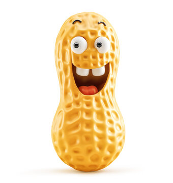 Smiling anthropomorphic peanut character isolated on white
