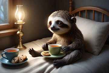 Naklejka premium A lazy sloth lazing on the bed with his morning coffee and cake. Day off.