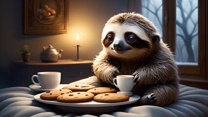 A lazy sloth lazing on the bed with his morning coffee and cake. Day off. - obrazy, fototapety, plakaty