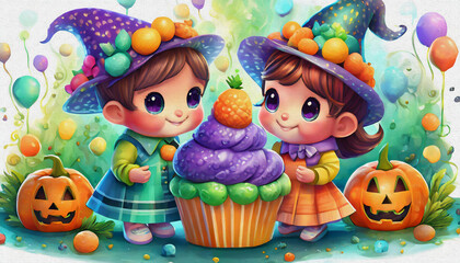 Obraz na płótnie Canvas oil painting style CARTOON CHARACTER CUTE BABY small children eat Enchanting Halloween-Themed Cupcakes
