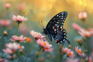 A butterfly flies among pink cosmos flowers in the meadow, with a yellow-green blurred background.
