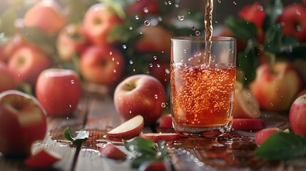 Apple juice pouring from red apples fruits in summer into a glass