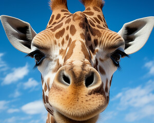 Closeup of a giraffes face with detailed eyes and long eyelashes, isolated against a sky blue background, showcasing unique animal patterns
