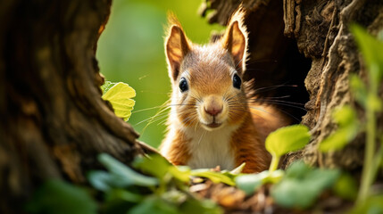Curious squirrel peeking out from behind a tree in a lush green park, vibrant spring foliage, natural wildlife scene