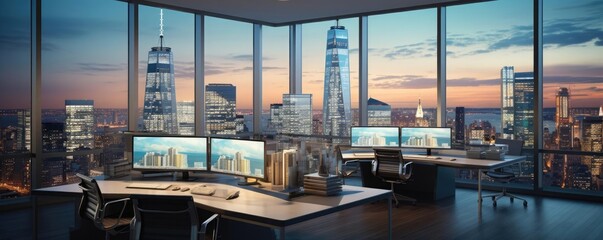 Modern corporate finance office with highrise city views, showcasing professionals analyzing data on multiple screens, symbolizing business analytics