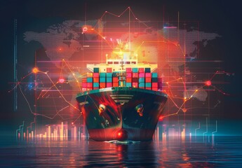Container ship facilitates global logistics, import/export, freight transportation, with big data analysis for visualization of business information. - obrazy, fototapety, plakaty