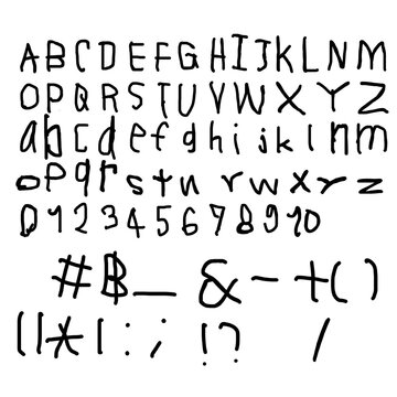 Kids Fonts ABC handwriting font  Black colored with uppercase lowercase letters and numbers on transparent png background 