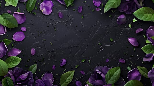 Elegant dark background with vibrant purple flowers and green leaves. Invitation card design. Luxury