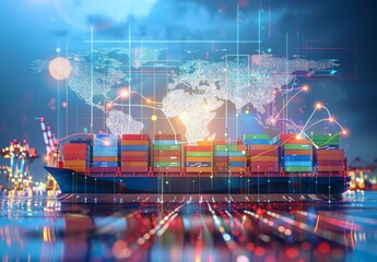 Container ship facilitates global logistics, import/export, freight transportation, with big data analysis for visualization of business information.