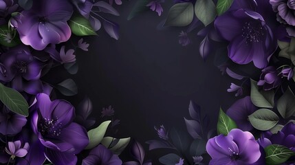 Elegant dark background with vibrant purple flowers and green leaves. Invitation card design. Luxury