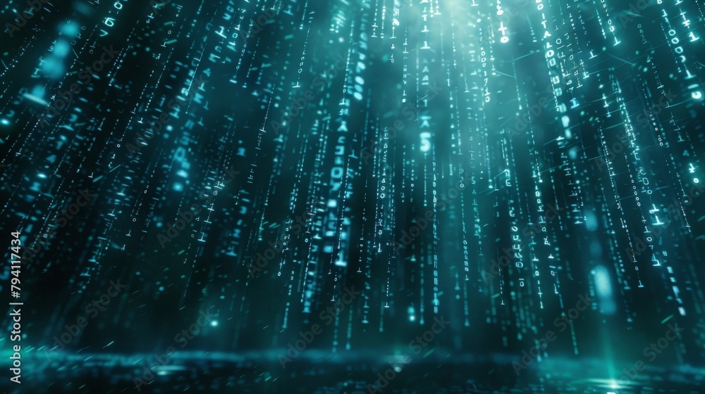 Poster binary code rain cascading down a digital landscape, ideal for a software commercial.