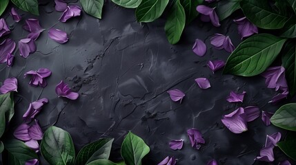 Elegant dark background with vibrant purple flowers and green leaves. Invitation card design. Luxury