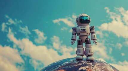 A robot standing on the earth - obrazy, fototapety, plakaty