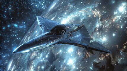Space Exploration: A 3D rendering of a futuristic spacecraft soaring through the cosmos