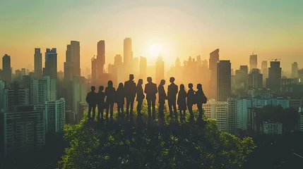 Deurstickers a group of people stand atop a hill overlooking a cityscape, with tall buildings and a green tree i © YOGI C