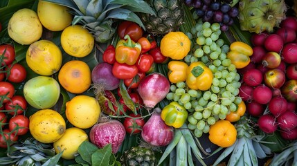 A variety of fruits and vegetables are arranged together on a table.