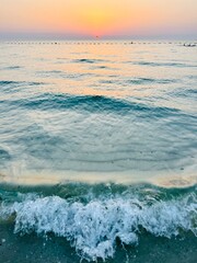 Orange sea sunset, orange sea horizon, sunshine, evening warm light