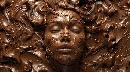 Woman's face partially covered in flowing chocolate, creating a sensual texture