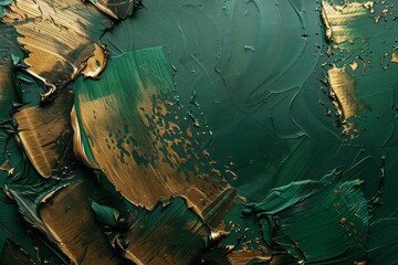 Green and gold gradient background with oil paint. Beautiful brush strokes close up. Detail of...