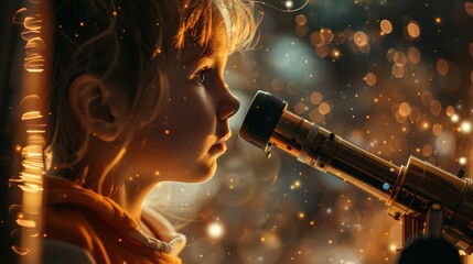 Telescope: A photo of a child looking through a small telescope at the stars