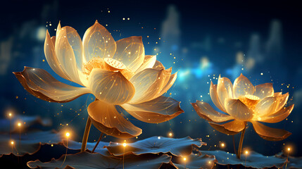 Digital technology golden lotus flowers with sparkling petals abstract graphic poster web page PPT background