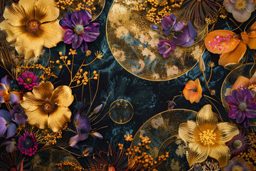 Golden botanicals collide with circular florals in a garden of vibrant blossoms.
