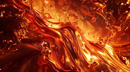 Molten metal, a fiery orange and red, swirling and splattering in an abstract expression of heat and energy, perfect for a metalworking studio poster. - obrazy, fototapety, plakaty