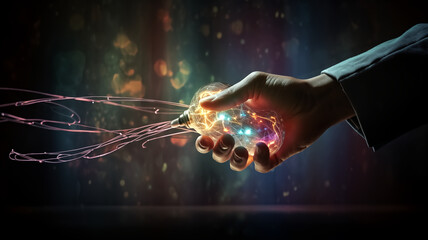 Hand holding a glowing, futuristic light bulb with dynamic energy streams. Conceptual technology and innovation design for banner, wallpaper, poster.