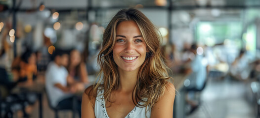 Smiling woman with blue eyes in a bright restaurant