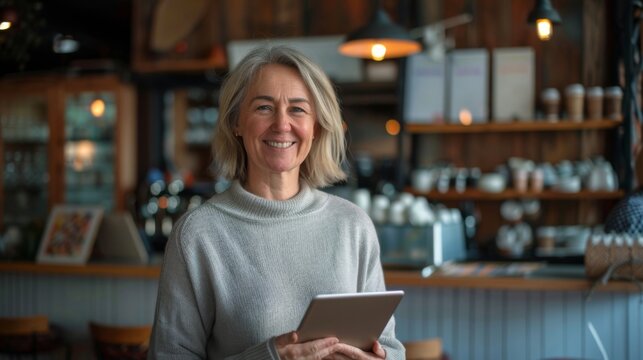 Smiling Woman Holding Tablet