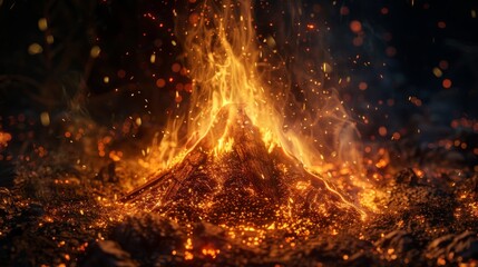 photo of a crackling bonfire, the flames reaching upwards in an abstract dance of light and shadow, suitable for a camping equipment brand.