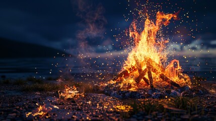 photo of a crackling bonfire, the flames reaching upwards in an abstract dance of light and shadow, suitable for a camping equipment brand.