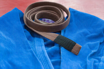 Gi jiujitsu class kimono copy space, brown belt martial arts