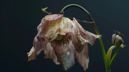 photo of a wilting flower, its drooping petals and decaying form creating an abstract study of impermanence, suitable for a conceptual art exhibit.