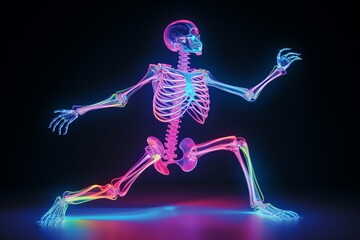 Fototapeta premium A conceptual artwork featuring a neonlit skeleton posing in a dynamic position, blending modern art with anatomical study