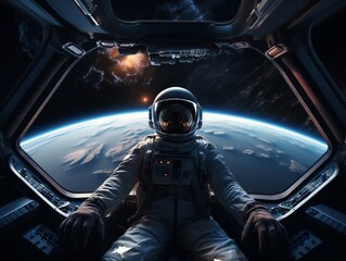 A conceptual image of a space tourist taking a selfie in a spacecraft cabin with windows showing the vastness of space outside - obrazy, fototapety, plakaty