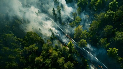 Firefighters' Aerial Assault on Raging Forest Inferno: Preservation and Valor - obrazy, fototapety, plakaty