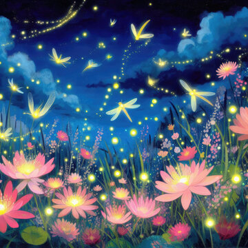 Generative AI Beautiful view of sparkling flowers blooming on a beautiful bright night, Beautiful flowers sparkling at night, Beautiful view of sparkling flowers, Beautiful night flowers in blooms