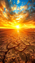 Dry cracked earth at sunset. Global warming, climate change concept - obrazy, fototapety, plakaty