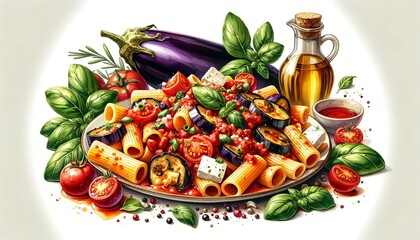 A watercolor painting of Rigatoni alla Norma, artistically depicting the pasta with eggplant and ricotta salata in a colorful presentation, emphasizing the dish's Sicilian heritage and rich flavors.
 - obrazy, fototapety, plakaty