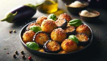 A realistic image of Polpette di Melanzane, showcasing golden-browned eggplant balls seasoned with herbs and spices, garnished with Parmesan or basil, emphasizing the dish's Mediterranean flavors - obrazy, fototapety, plakaty