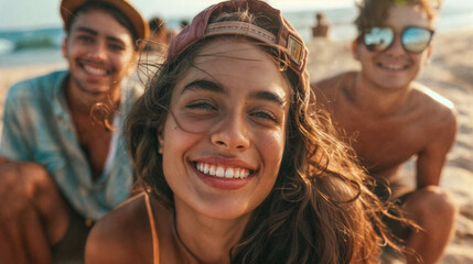 Fototapeta premium Young happy smiling woman in the center. Girls and boys having fun on the sea beach. The pleasure of relaxation and vacation. A group of people on a beach party, with the sky in the background